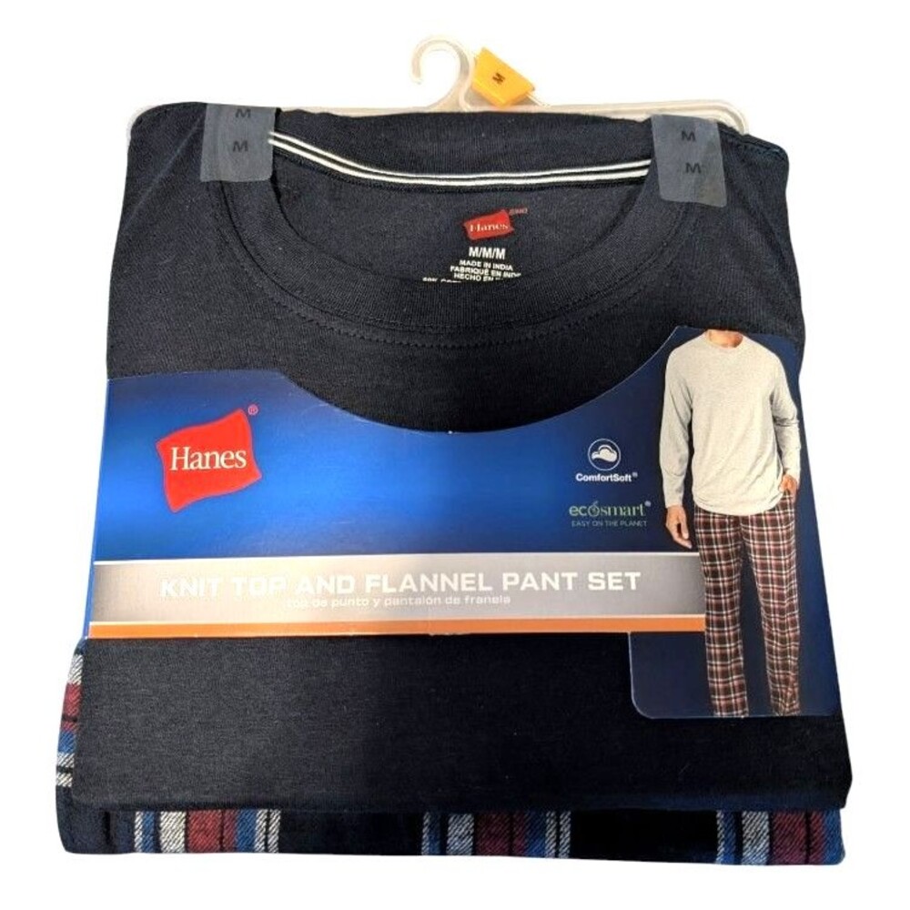 Hanes Knit Top And Flannel Pant 2 Piece Set Size Medium Black Top Men's New